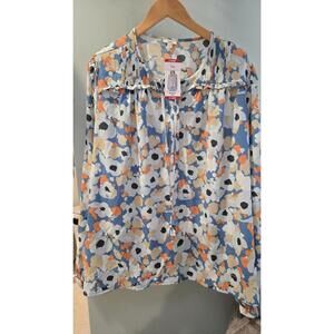 Joie Floral Print Long Sleeve Sheer Button Front Blouse Women XL Blue Orange Nwt